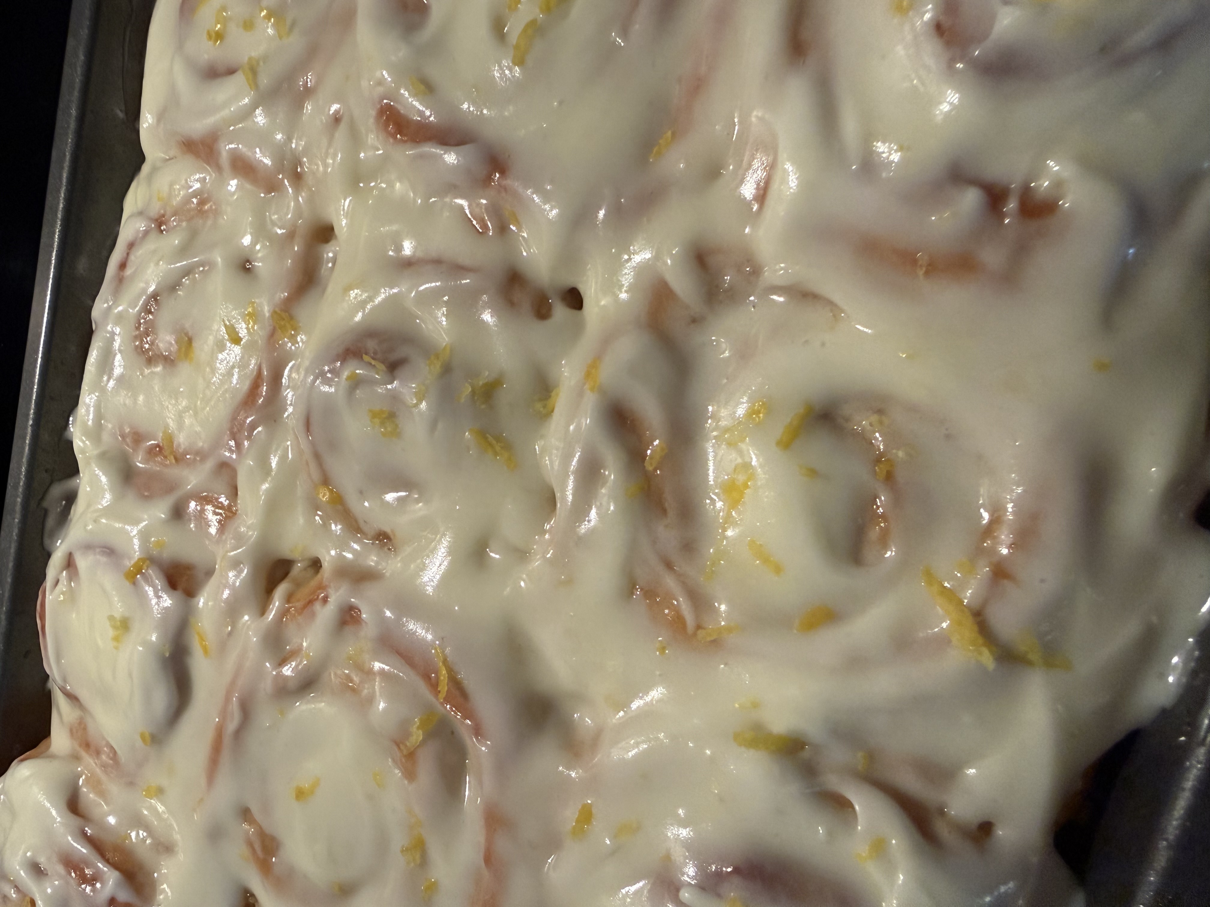 A pan of Ken and Tiana's frosted lemon rolls
